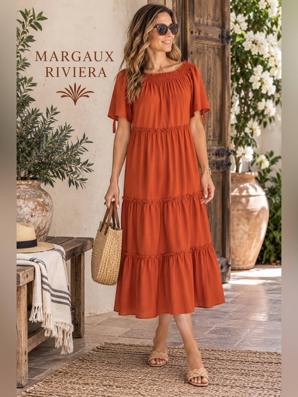 Margaux Riviera,Rich Orange,Wear Off/On Shoulder,Tiered Flowy Dress, Size XL